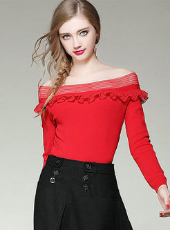Sweet Off Shoulder Splicing Long Sleeve Knitted Sweater