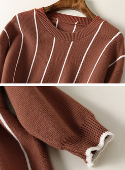 Striped Belt Jacquard Long Sleeve Knitted Sweater