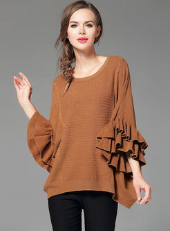 Sweet Flare Sleeve Asymmetry Hem Knitted Sweater