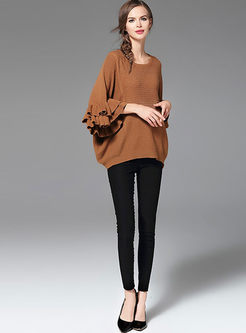 Sweet Flare Sleeve Asymmetry Hem Knitted Sweater