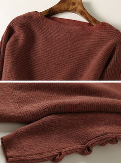 Brown Stylish Slash Neck Long Sleeve Knitted Sweater