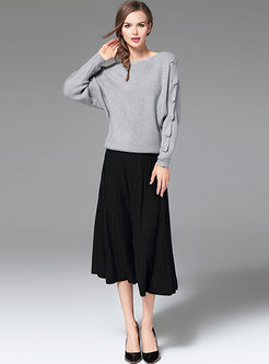 Grey Stylish Slash Neck Long Sleeve Knitted Sweater