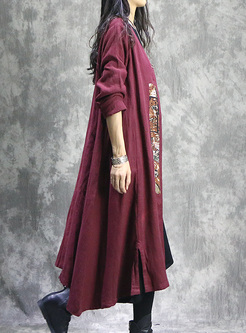 Red Ethnic Patched Asymmetric Hem Long Coat