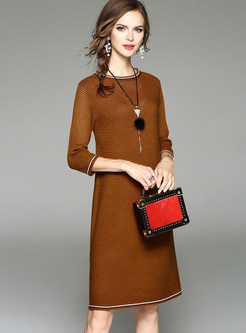 Brown Brief O-neck Three Quarters Sleeve Knitted Dress