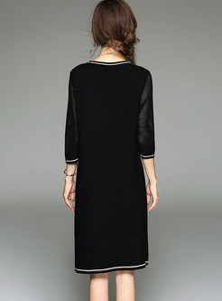 Black Brief O-neck Three Quarters Sleeve Knitted Dress
