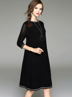 Black Brief O-neck Three Quarters Sleeve Knitted Dress