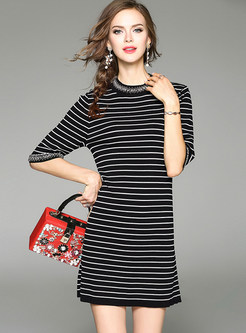 Brief Embellished Striped Knitted Dress