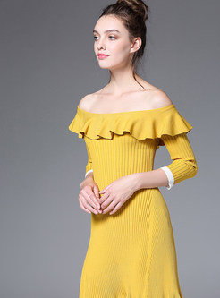 Yellow Sexy Off-shoulder Ruffled Collar Knitted Dress