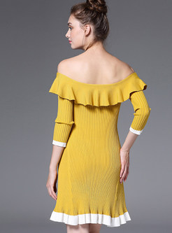 Yellow Sexy Off-shoulder Ruffled Collar Knitted Dress
