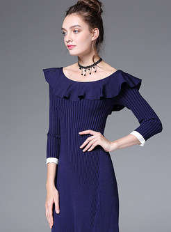 Navy Blue Sexy Off-shoulder Ruffled Collar Knitted Dress