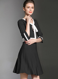 Black Work Bow-front Contrast Color Knitted Dress