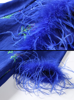 Blue Fashion V-neck Print Loose Coat