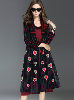 Black Stylish Vertical Striped Heart Print Coat