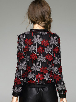 Wine Red Elegant Floral Zip Embroidery Coat