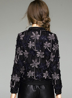 Black Elegant Floral Zip Embroidery Coat
