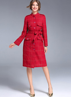 Chic Belted With Pockets Red Coat