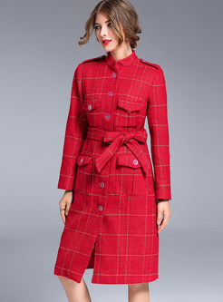 Chic Belted With Pockets Red Coat