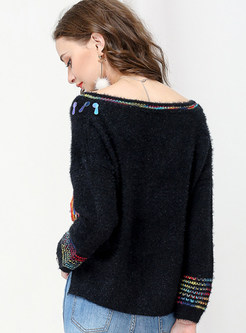 Black Sweet Ethnic Fringe V-neck Sweater