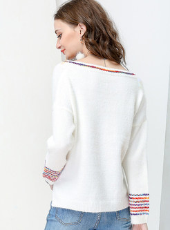 White Sweet Ethnic Fringe V-neck Sweater