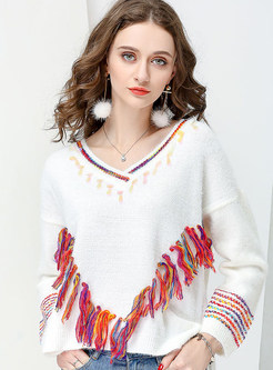 White Sweet Ethnic Fringe V-neck Sweater
