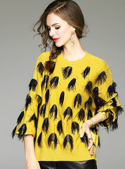 Yellow Stylish O-neck Fringe Contrast Color Sweater
