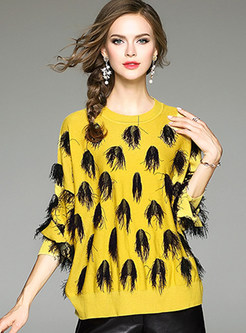 Yellow Stylish O-neck Fringe Contrast Color Sweater