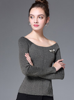Grey Sexy Slash Neck Slim Sweater