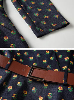 Floral Print Slim V-neck Belt Skater Dress
