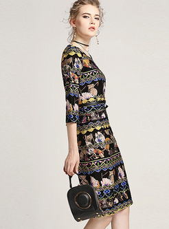 Ethnic Floral Print Slit Slim Skater Dress