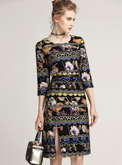 Ethnic Floral Print Slit Slim Skater Dress
