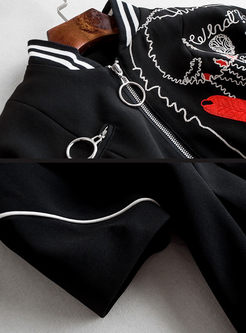 Black Embroidered Slim Zipper Skater Dress