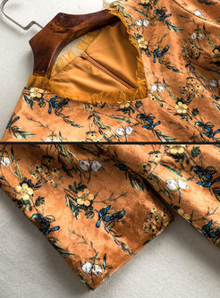 Floral Print Velvet V-neck Slit Skater Dress