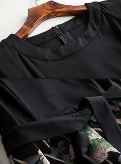 Black Long Sleeve Splicing Floral Print Skater Dress