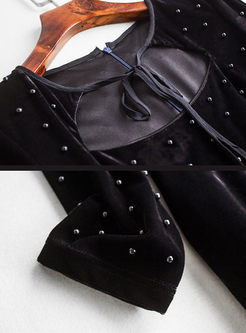 Black Nail Bead Long Sleeve Skater Dress
