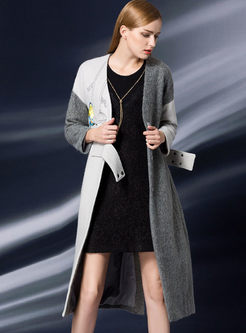Animal Embroidered Splicing Wool Long Sleeve Trench Coat