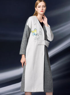 Animal Embroidered Splicing Wool Long Sleeve Trench Coat