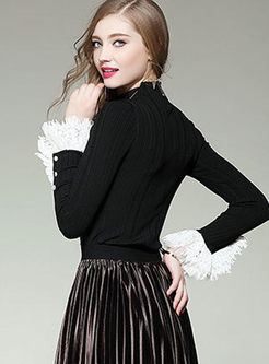 Sweet Stand Collar Flare Sleeve Slim Knitted Top