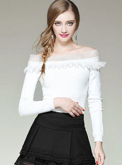 Off Shoulder Splicing Long Sleeve Knitted Sweater