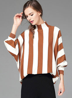 Striped Jacquard Loose Batwing Sleeve Knitted Sweater