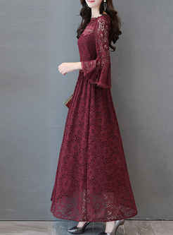 Red Party Lace Flare Sleeve Maxi Dress