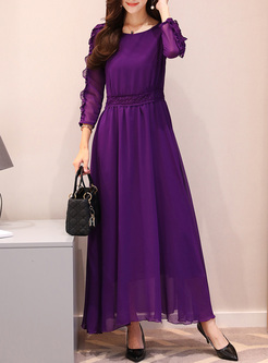 Purple Elegant Falbala Sleeve Waist Maxi Dress