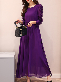 Purple Elegant Falbala Sleeve Waist Maxi Dress