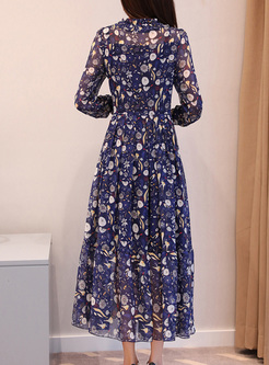 Elegant Print Puff Sleeve A-line Dress