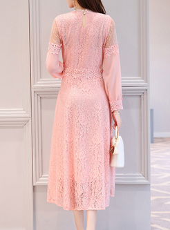 Pink Lantern Sleeve Lace A-line Dress