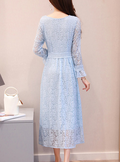 Blue Lace V-neck Flare Sleeve A-line Dress