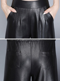 Black Leather Calf-length Wide Leg Pants