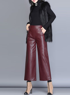 Wine Red Brief Wash Leather Wide Leg Pants