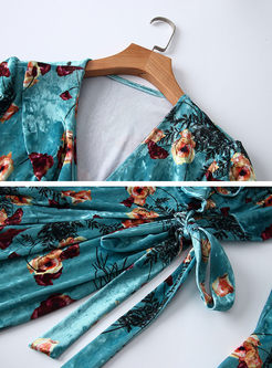 Velvet Floral Print V-neck Long Sleeve Skater Dress