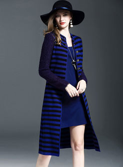 Striped Stitching Long Sleeve Single-breasted Coat