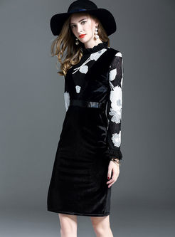 Black Velvet Lace Splicing Long Sleeve Bodycon Dress
